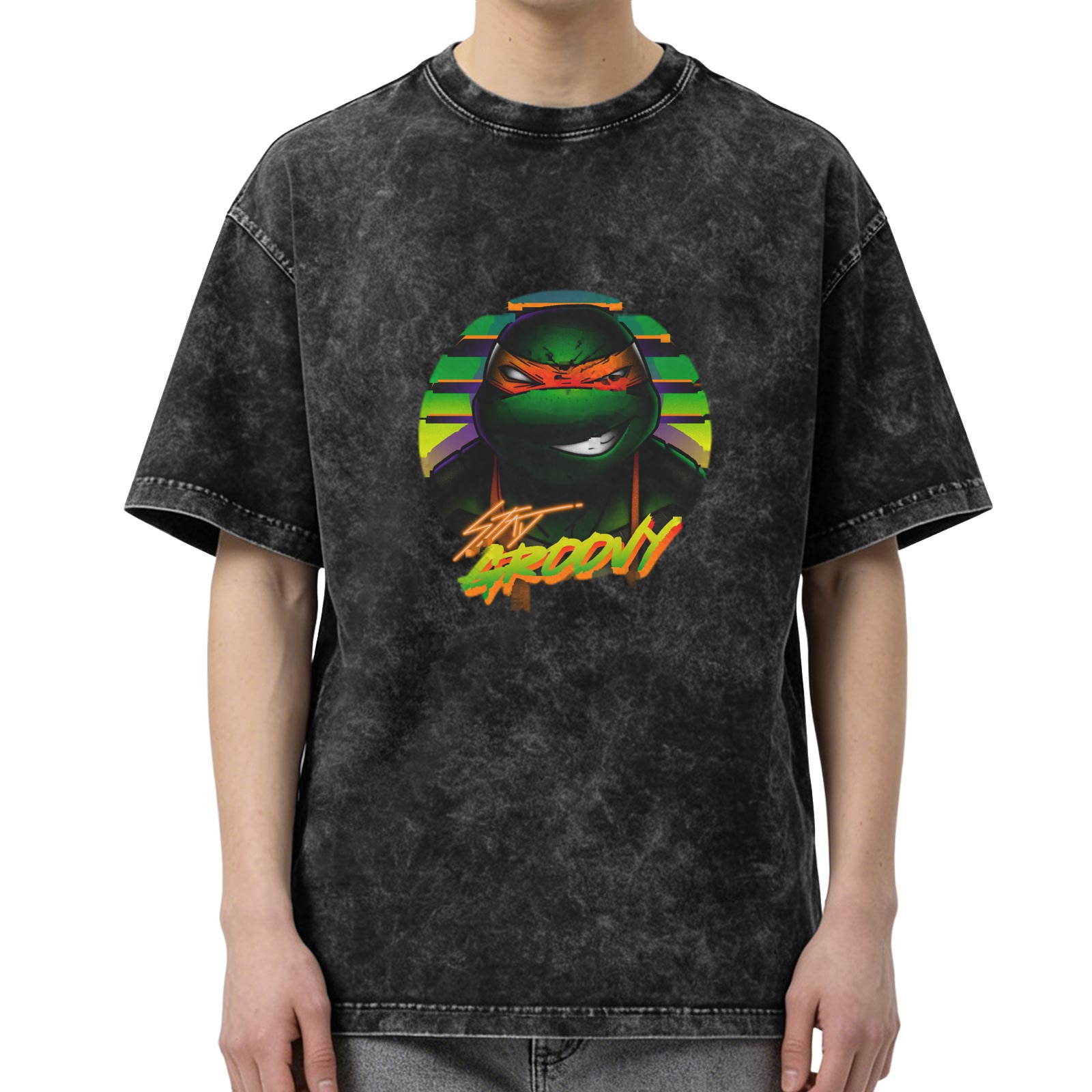 Oversized Dark Wash T-Shirt with Retro Teenage Mutant Ninja Turtle Graphic