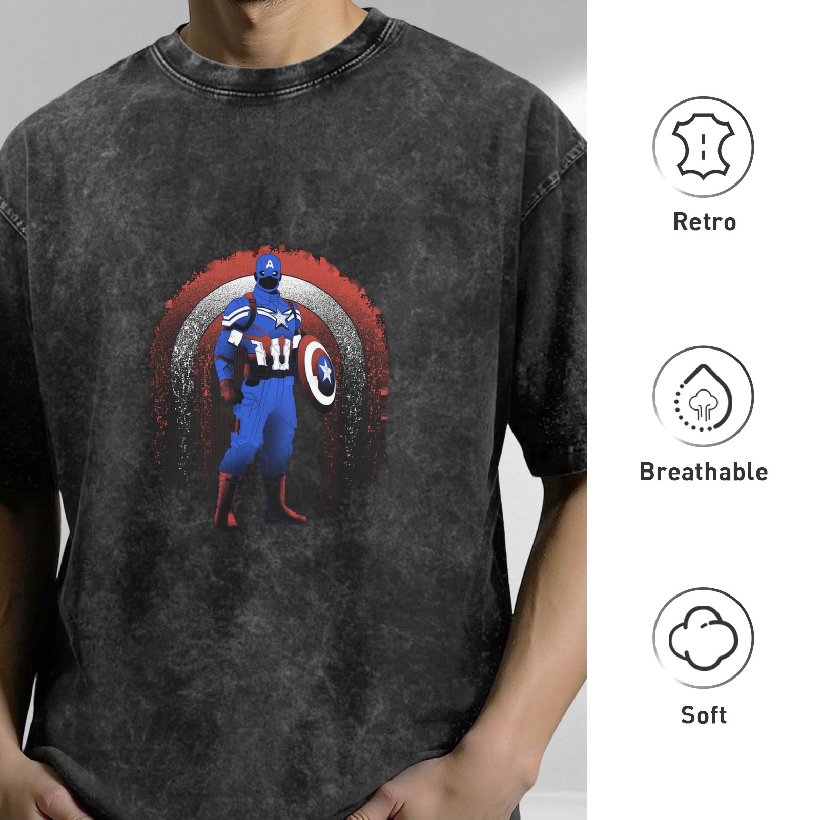 Washed Black T-Shirt with Captain America Graphic Print