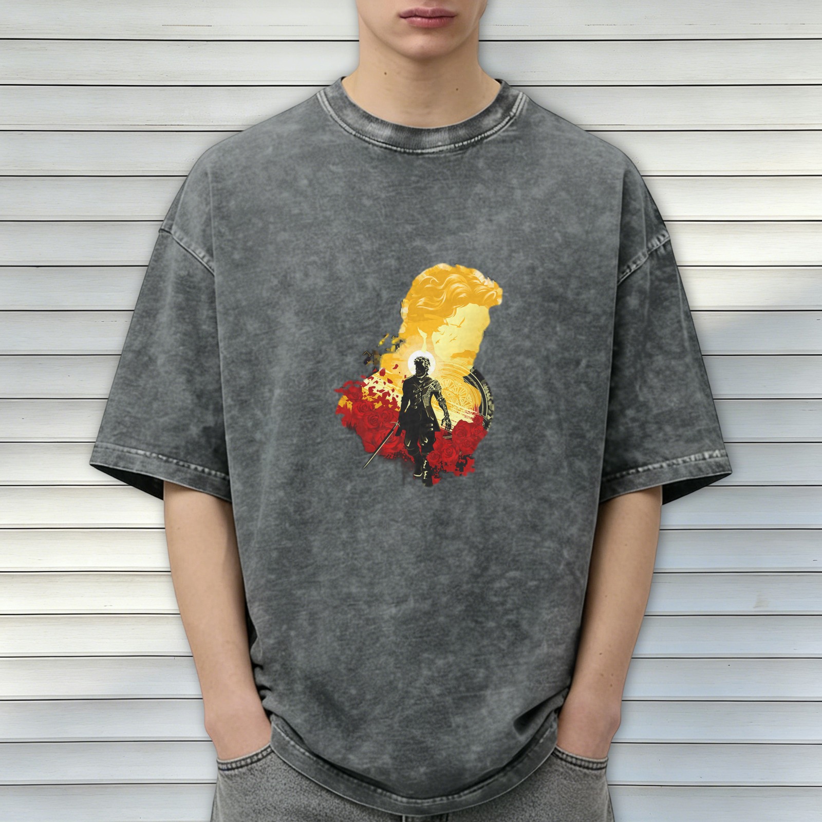 Washed black graphic t-shirt with warrior and classical bust art