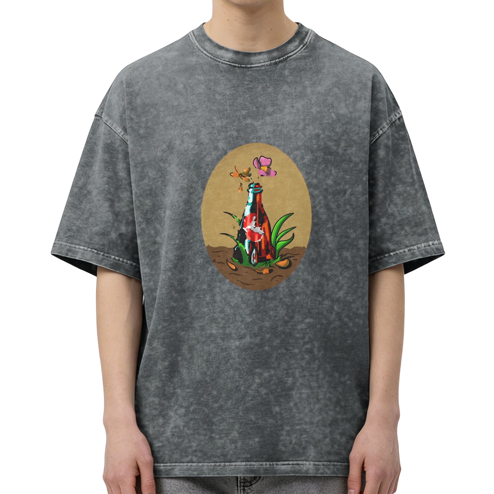 Oversized dark washed t-shirt with bottle and flower graphic print
