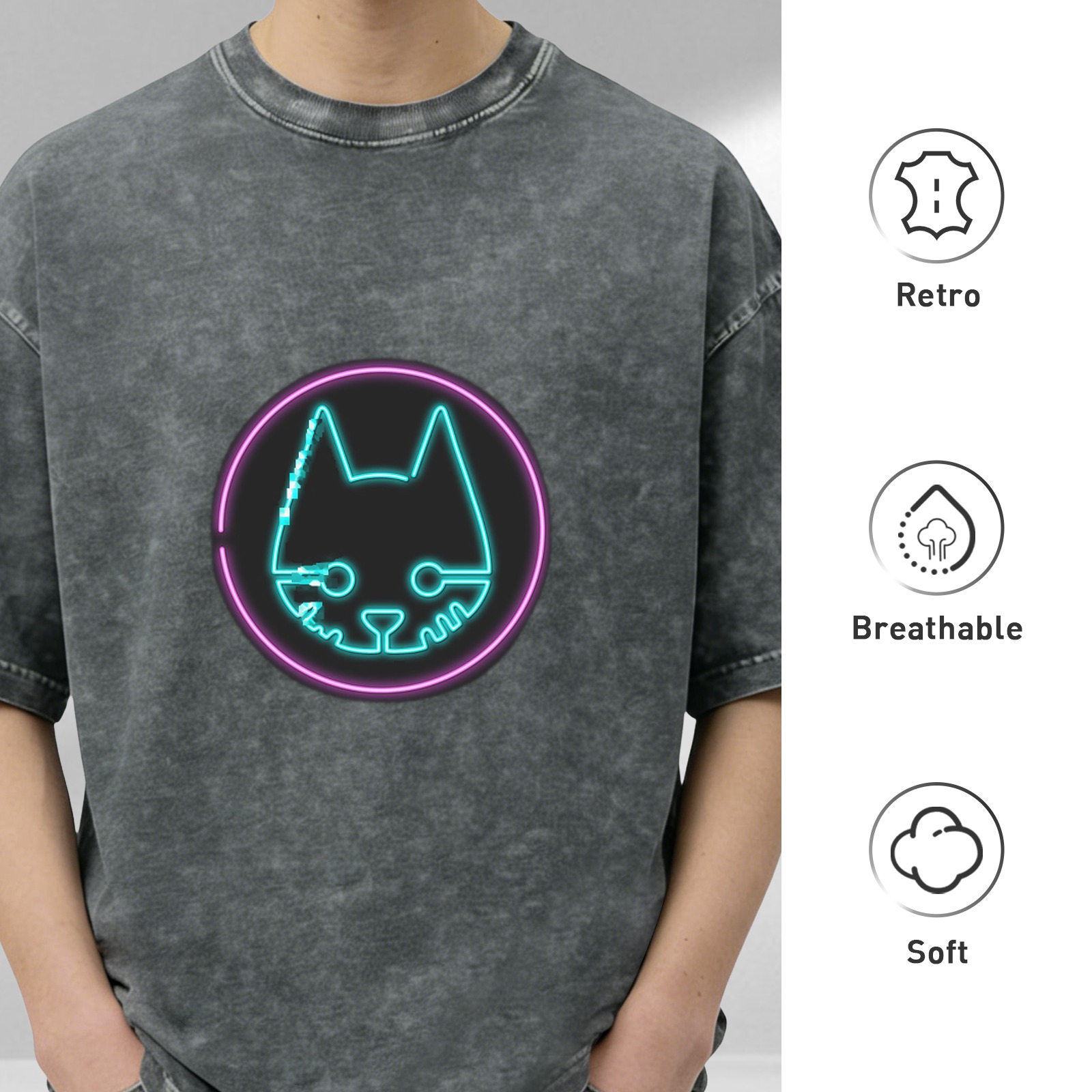 Oversized Vintage Wash T-Shirt with Neon Cyberpunk Cat Graphic Print