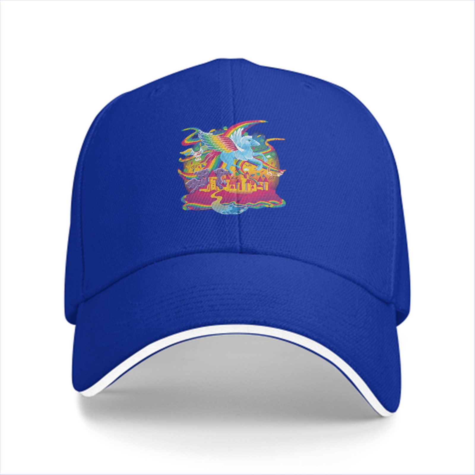 Black baseball cap with vibrant rainbow pegasus fantasy graphic