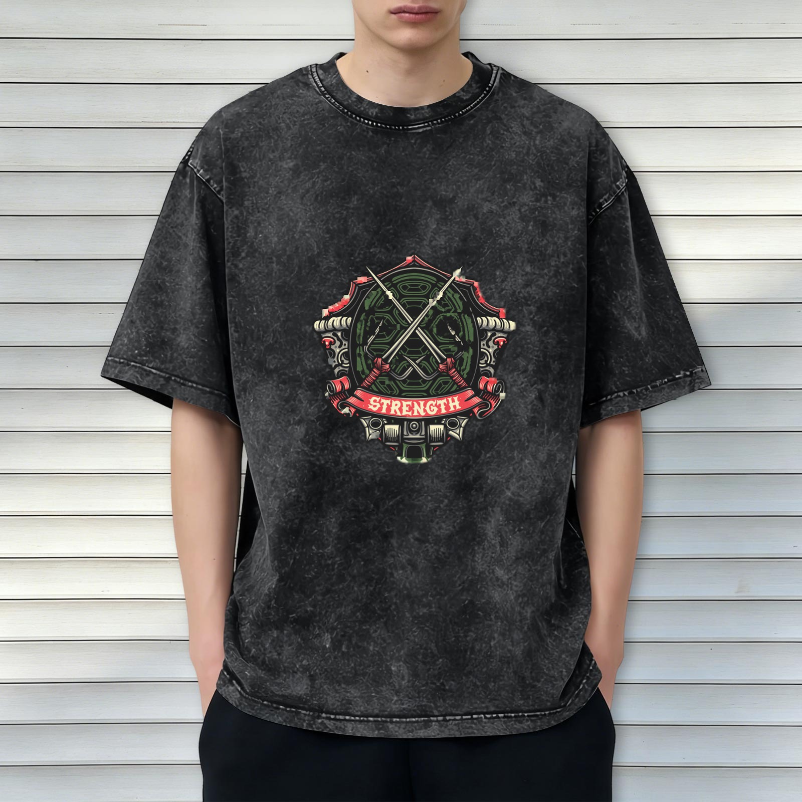 Washed Black Graphic T-Shirt With Strength Crest Design