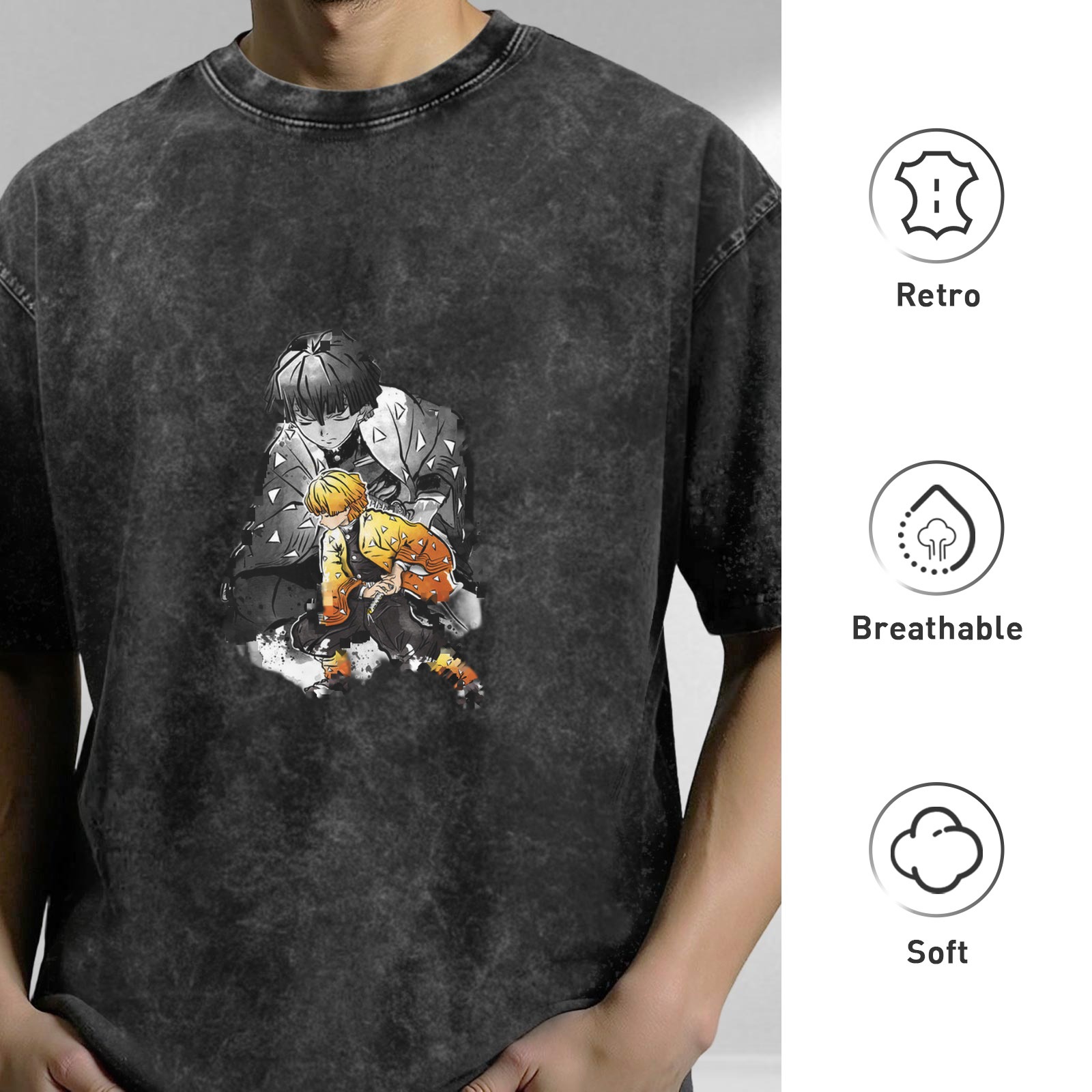 Oversized Acid Wash Anime Graphic T-Shirt with Demon Slayer Characters