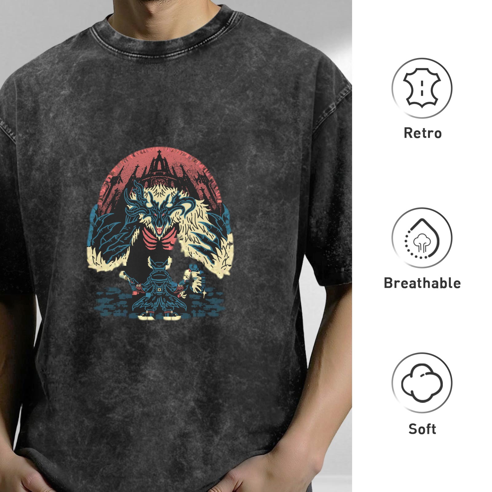 Washed Black Graphic T-Shirt With Fantasy Monster Castle Print