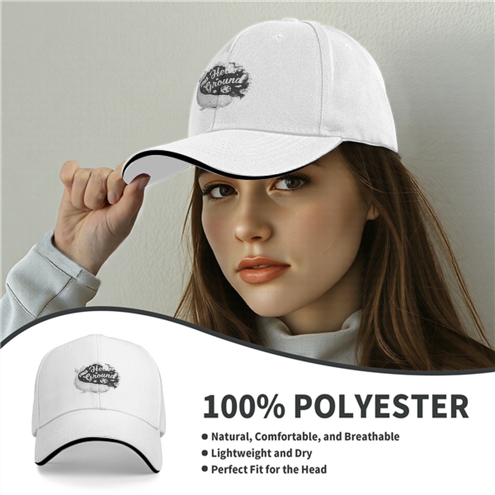 Black baseball cap with Hello Ground whale graphic print