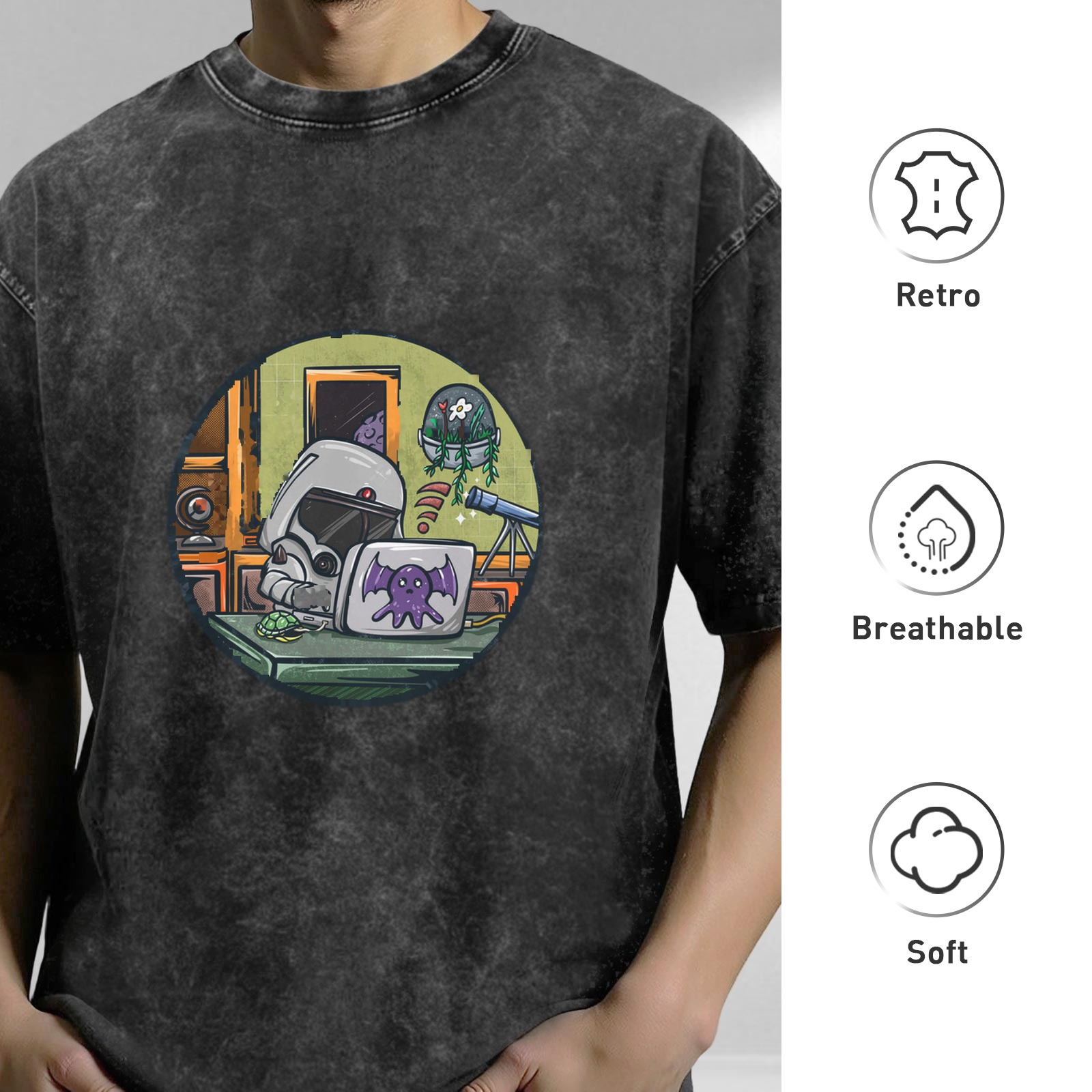 Astronaut Helmet at Desk with Laptop and Telescope Graphic T-Shirt