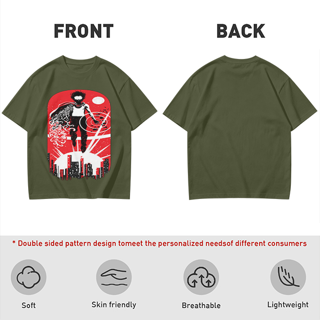 Olive T-Shirt With Anime Superhero Over City Graphic