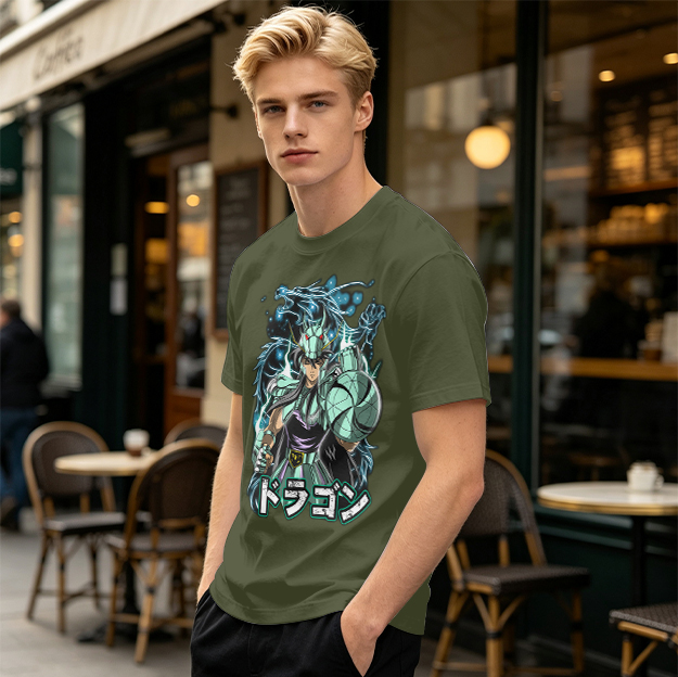 Olive T-shirt with Dragon Saint Seiya Anime Graphic Print