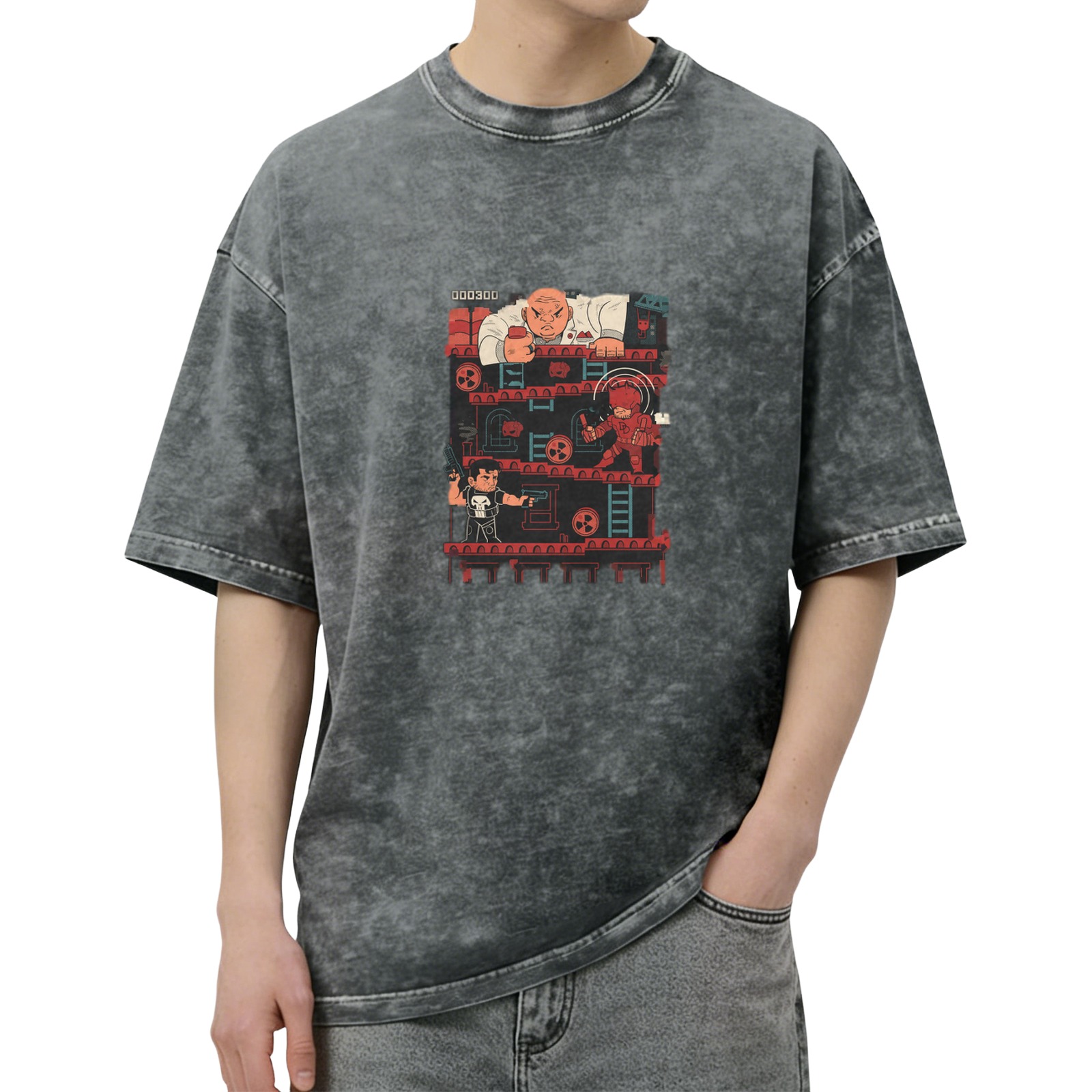 Marvel Superhero Retro Arcade Game Graphic Acid Wash T-Shirt