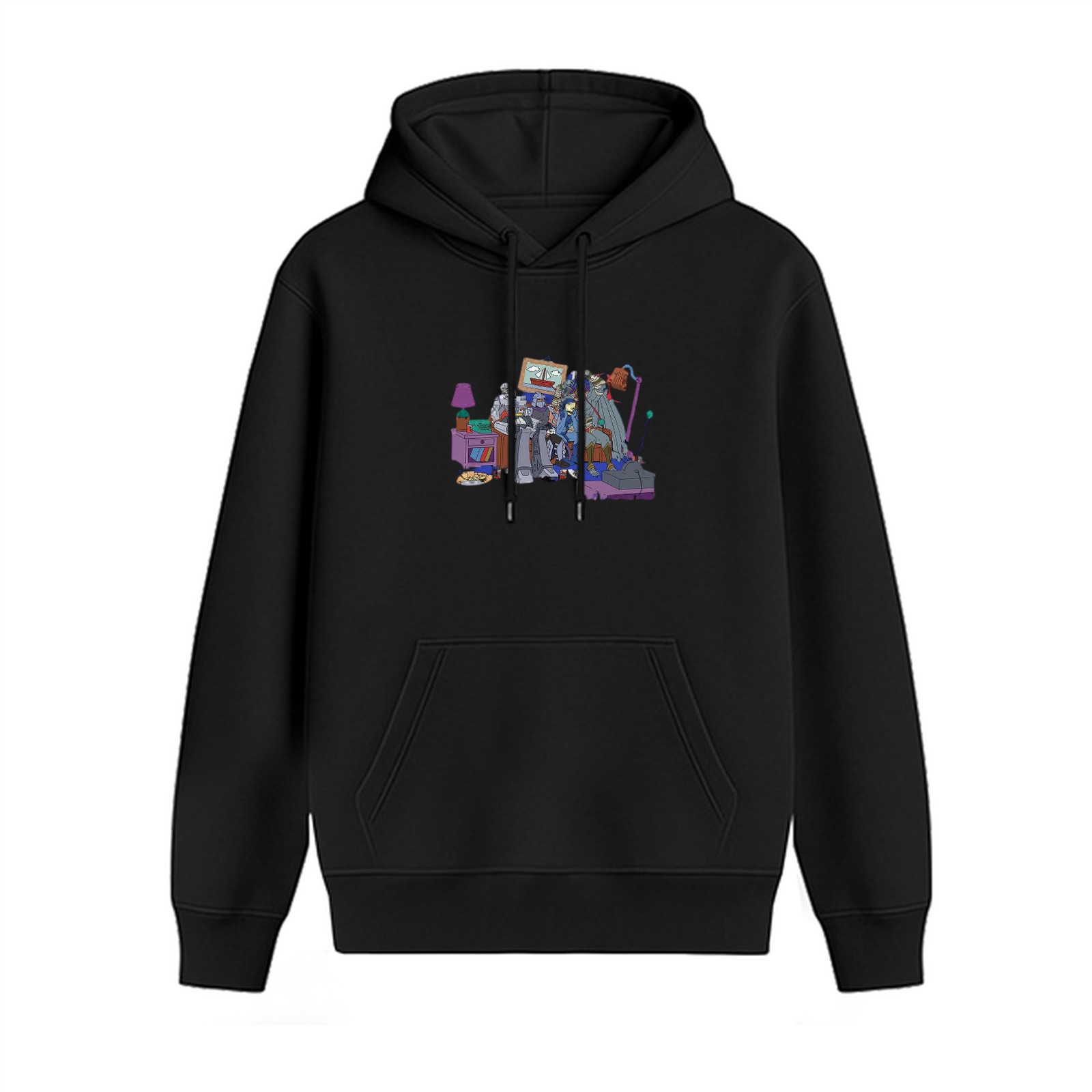 Black Hoodie with Cartoon Robot Group Graphic Print