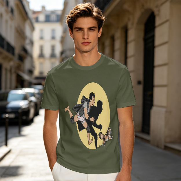 Olive T-Shirt With Cartoon Running Figure And Shadow Print