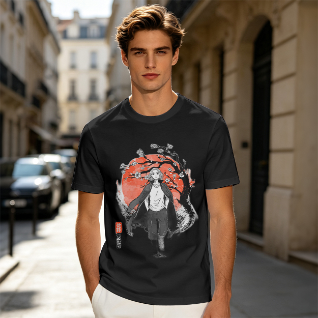 Anime Character with Cherry Blossom Red Moon Graphic T-Shirt