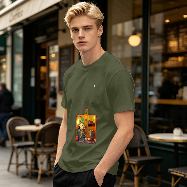 Olive T-Shirt With Cozy Dog In Room Graphic Print