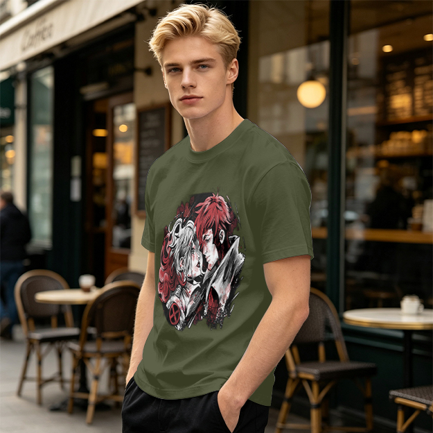 Olive T-Shirt with Anime Style Character Portrait Print