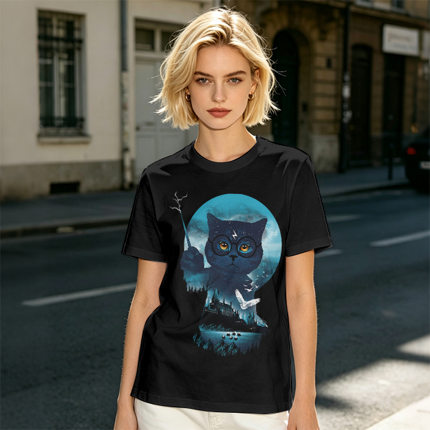 Olive T-shirt with Harry Potter themed wizard cat graphic