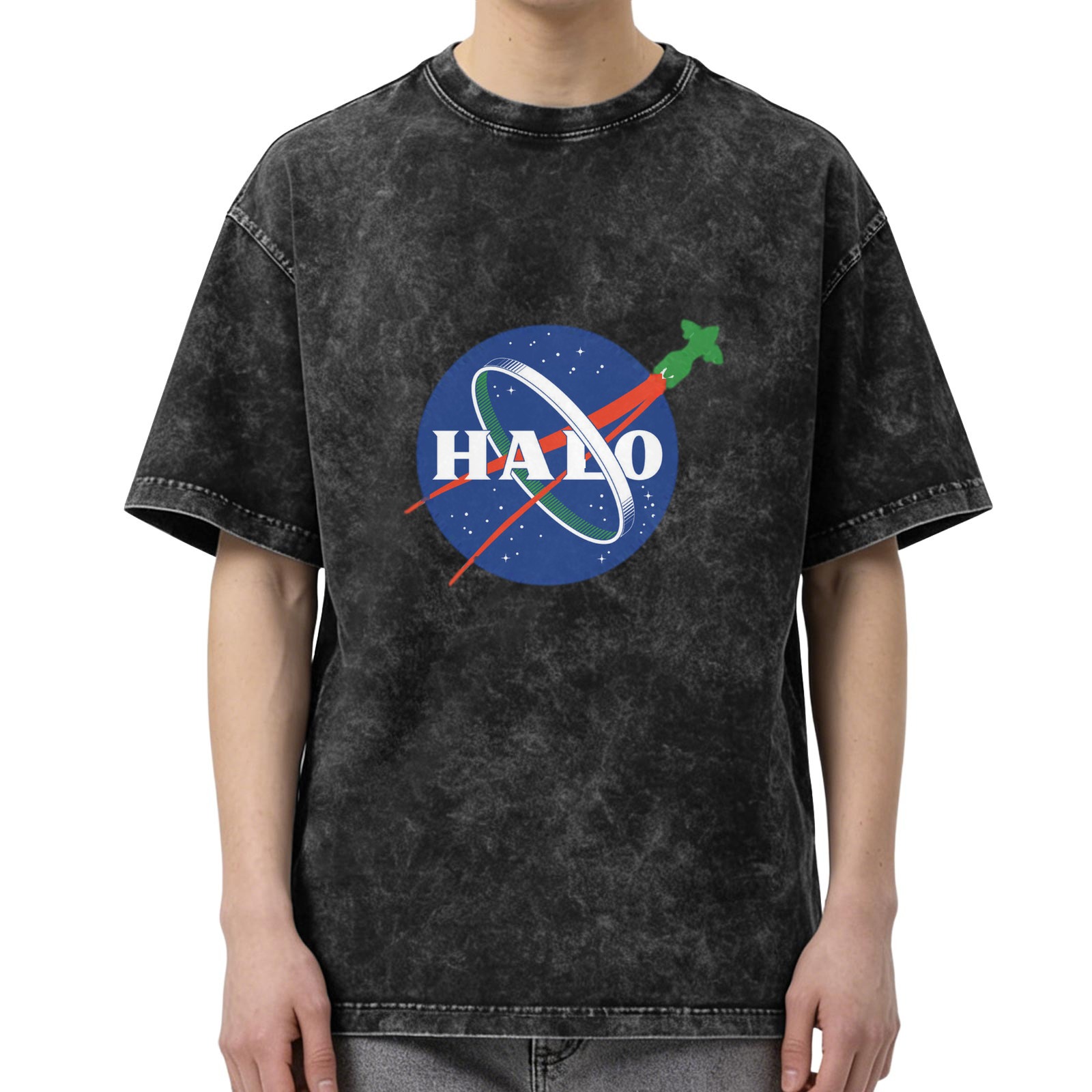 Oversized Acid Wash Black T-Shirt with NASA-style HALO Graphic Print