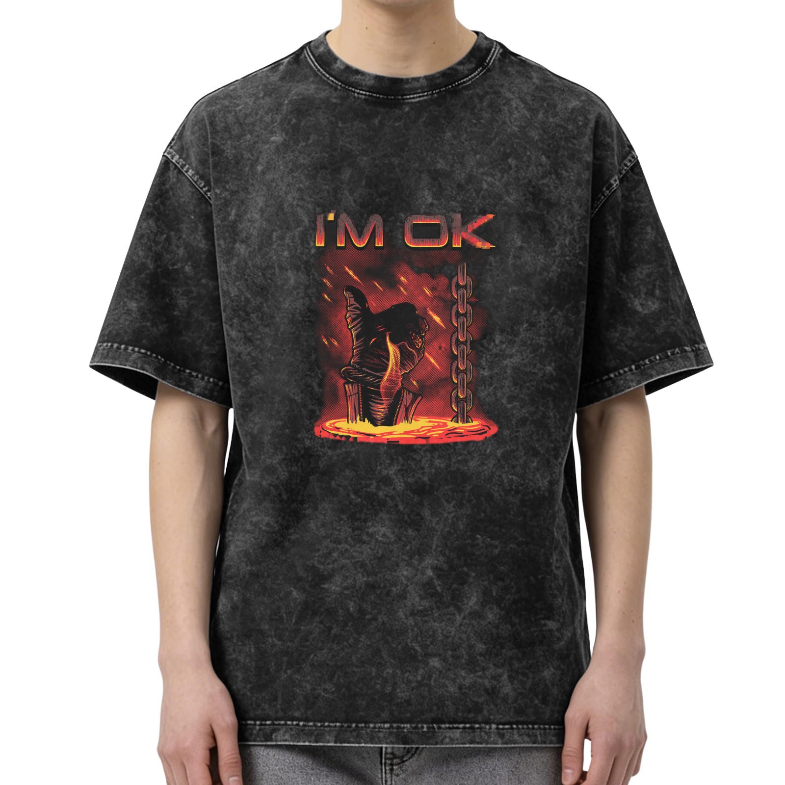 Washed Black Graphic T-Shirt with I'm OK Lava Hand Design