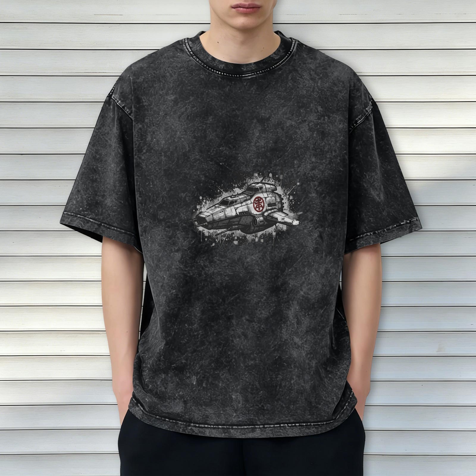 Washed Black Oversized T-Shirt With Sci-Fi Spaceship Graphic Print