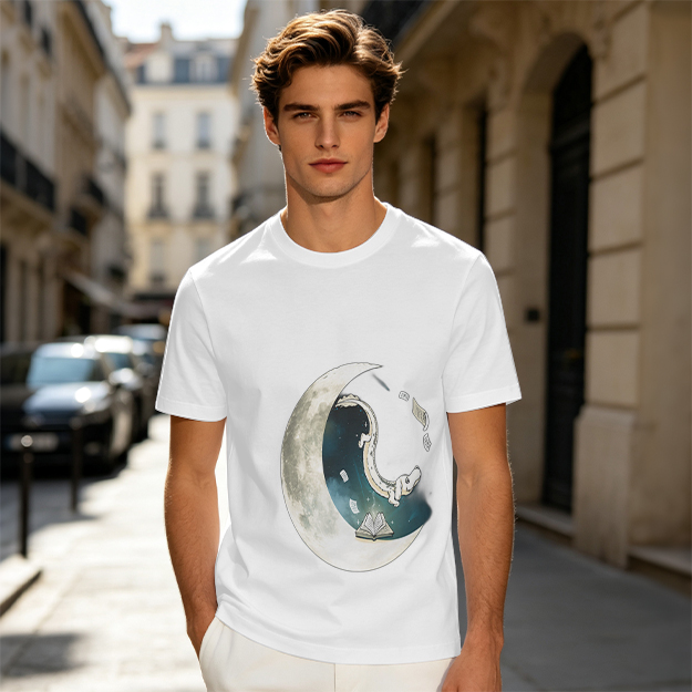 Olive T-shirt with Crescent Moon Galaxy Astronaut Graphic