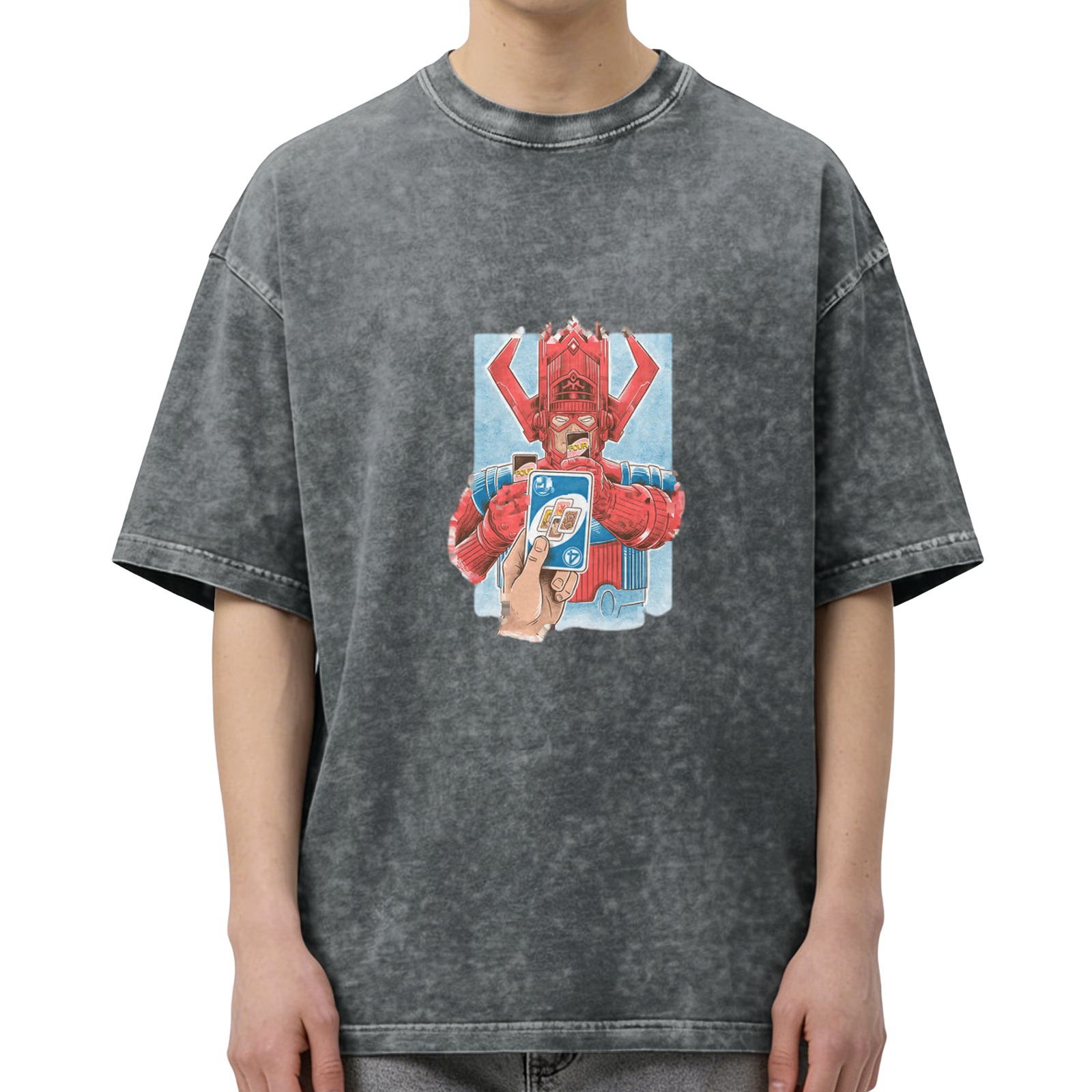 Galactus holding Uno card graphic on acid wash t-shirt