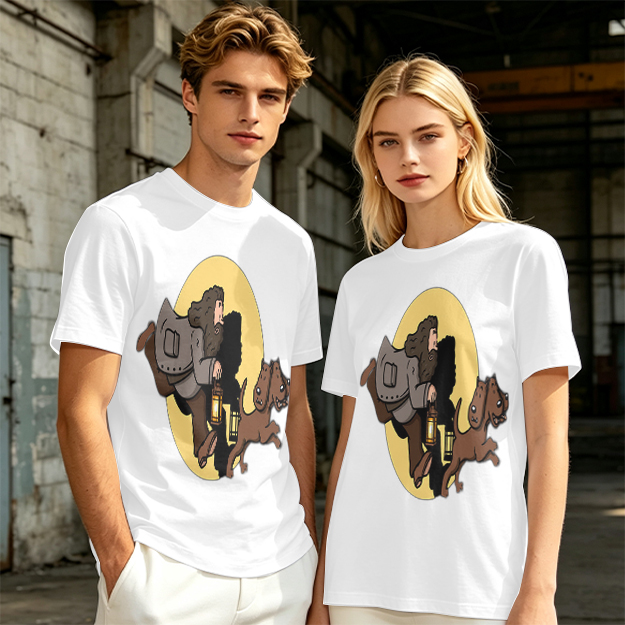 Olive T-Shirt With Cartoon Man And Dog Running Graphic