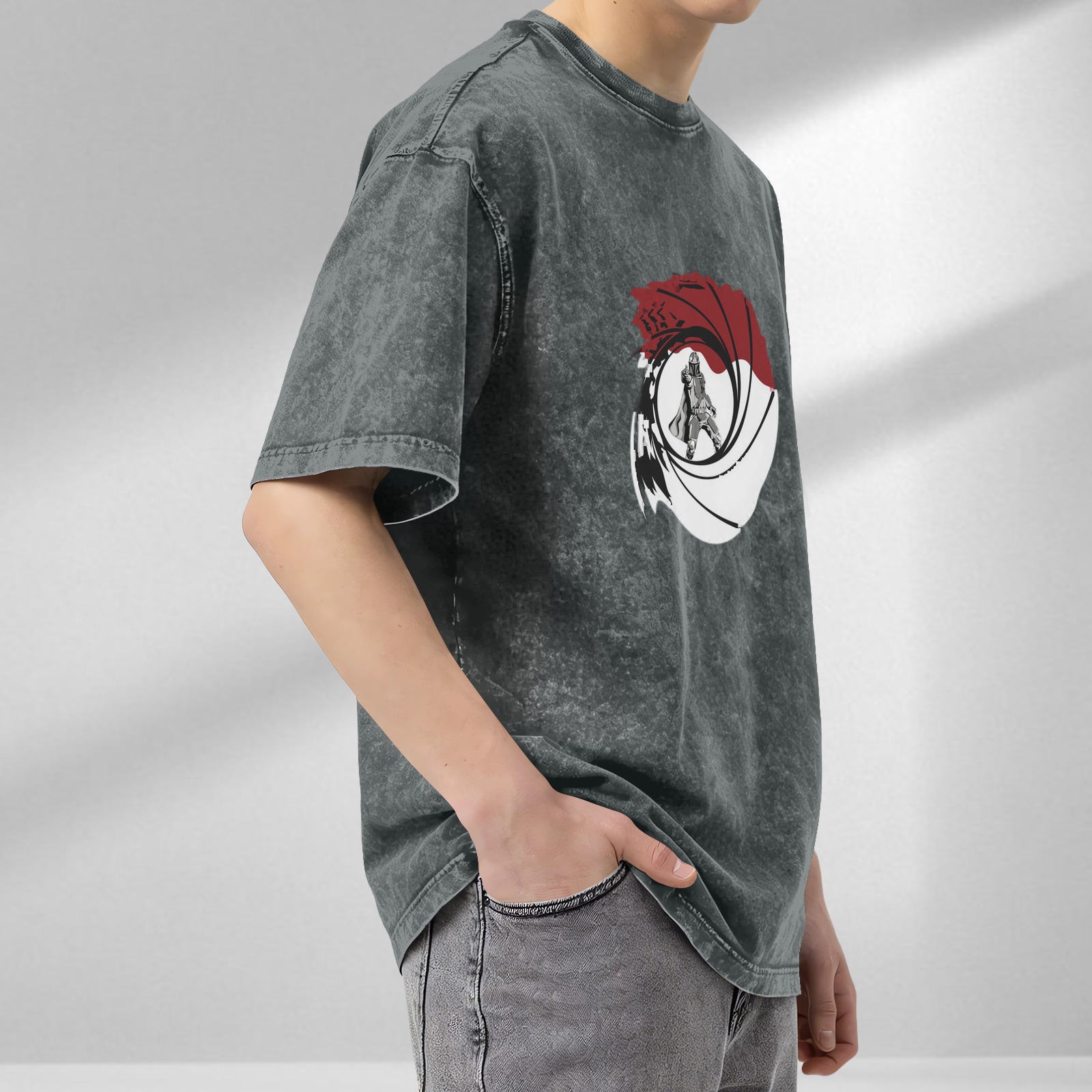 Distressed black round neck short-sleeved T-shirt with secret agent theme gun barrel pattern print