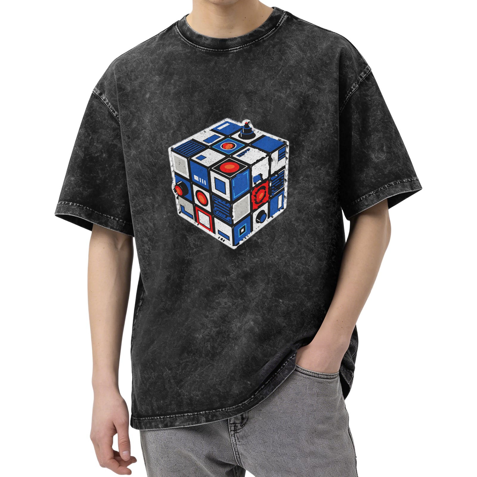 Oversized Acid Wash T-Shirt With Futuristic Rubik's Cube Graphic