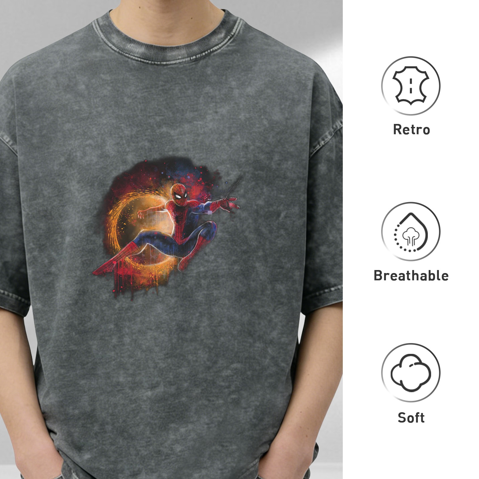 Oversized Acid Wash T-Shirt with Spider-Man Graphic Print