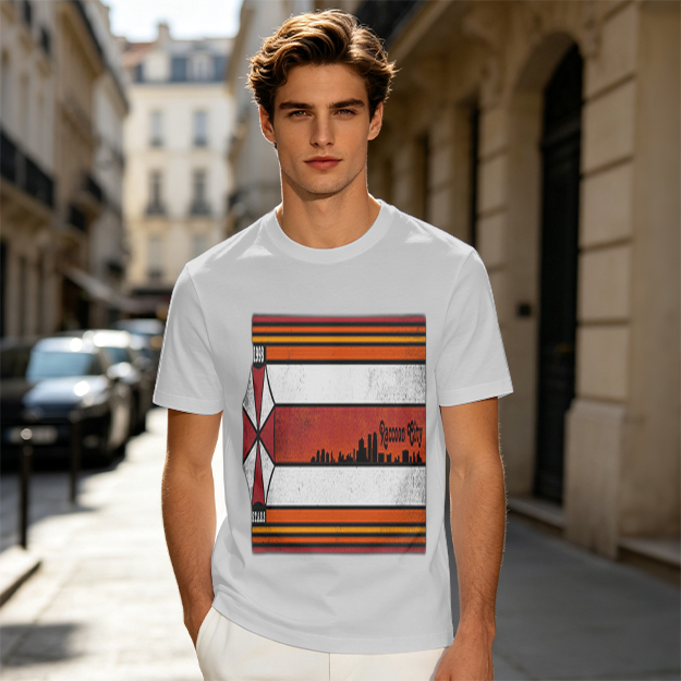 Olive T-Shirt With Retro Striped City Skyline Graphic Print