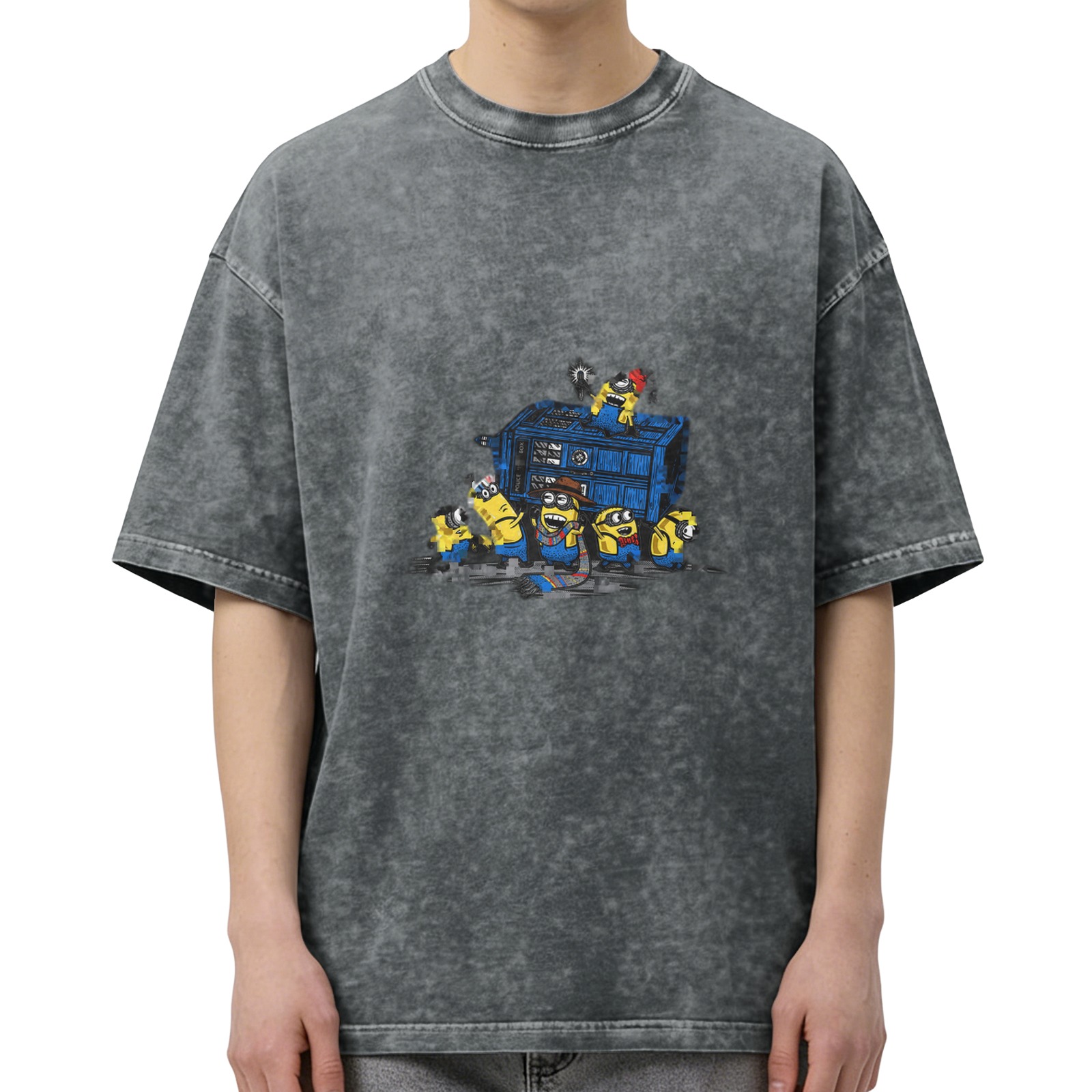 Minions x Doctor Who TARDIS Graphic Oversized Acid Wash T-Shirt