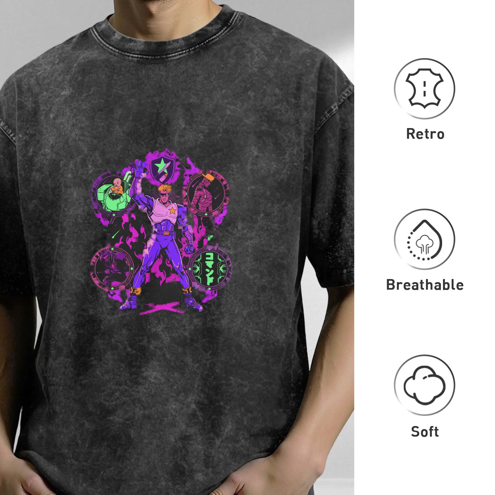 Washed Black T-Shirt with Neon Anime Superhero Graphic Print