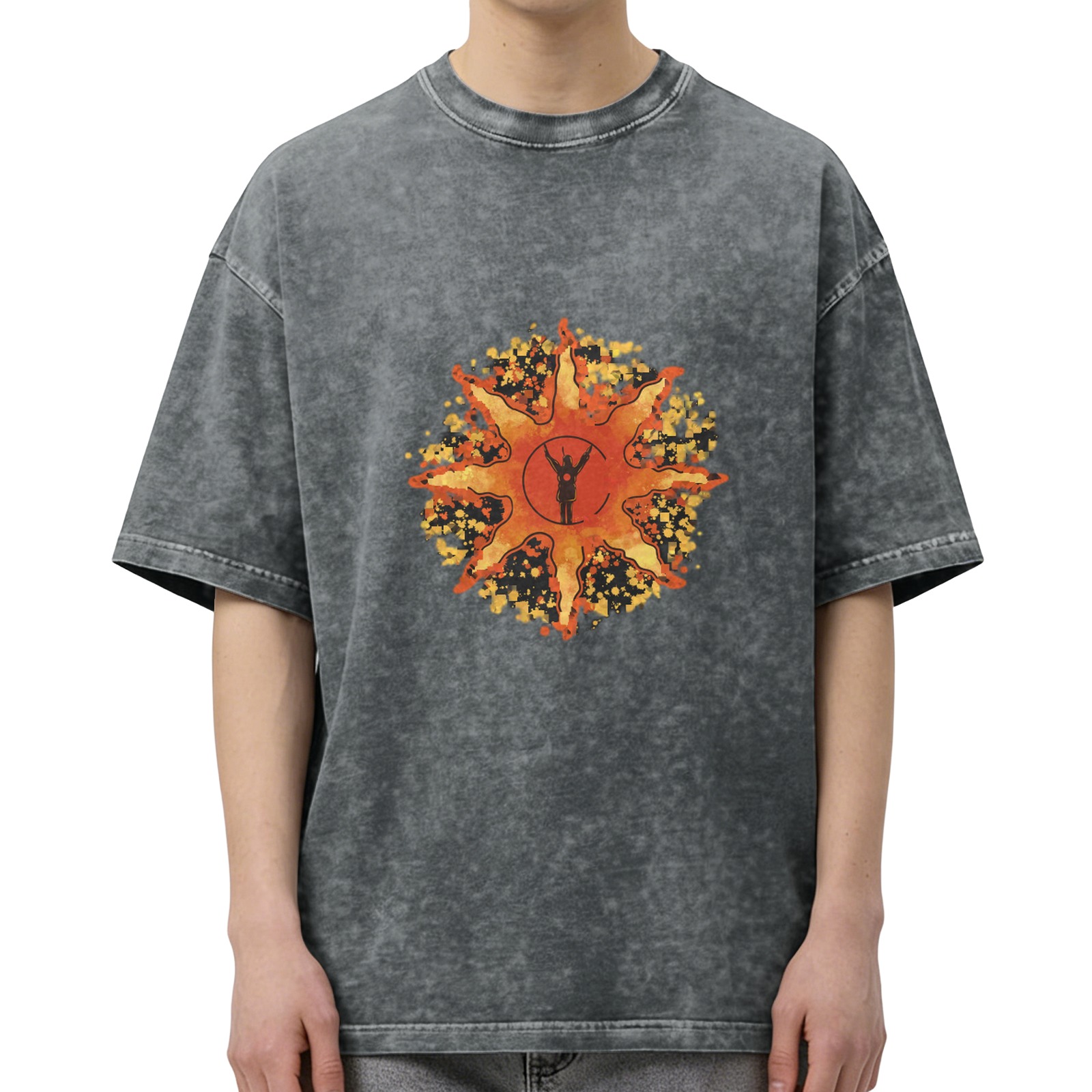 Washed Black T-Shirt With Sunburst Knight Graphic