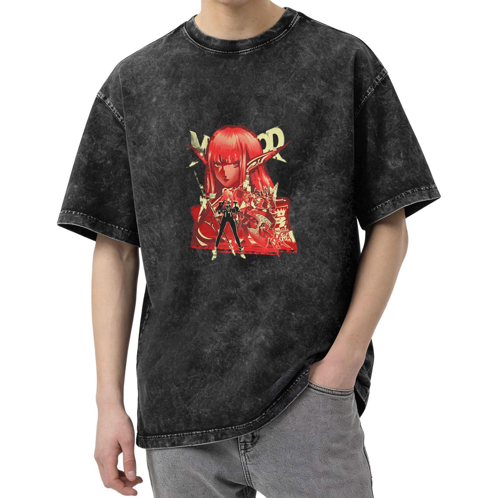 Oversized Acid Wash T-Shirt with Anime Elf Warrior Graphic Print