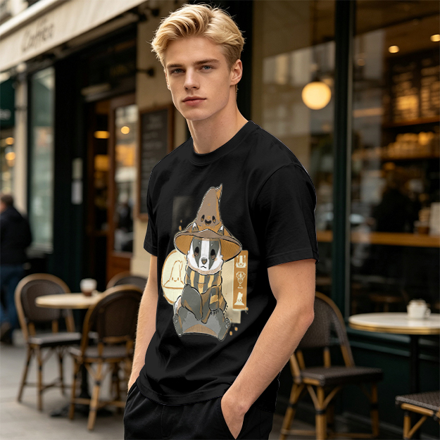 Olive T-Shirt With Cute Wizard Badger Graphic Print