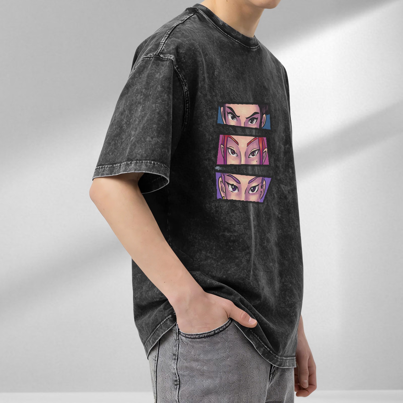 Oversized Acid Wash T-Shirt With Anime Eyes Graphic Print