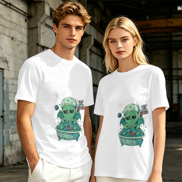 Olive T-shirt with Cute Sad Cthulhu Bathing Graphic