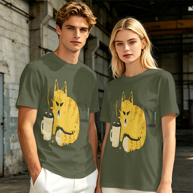 Olive T-Shirt With Grumpy Cat Holding Hot Coffee Print