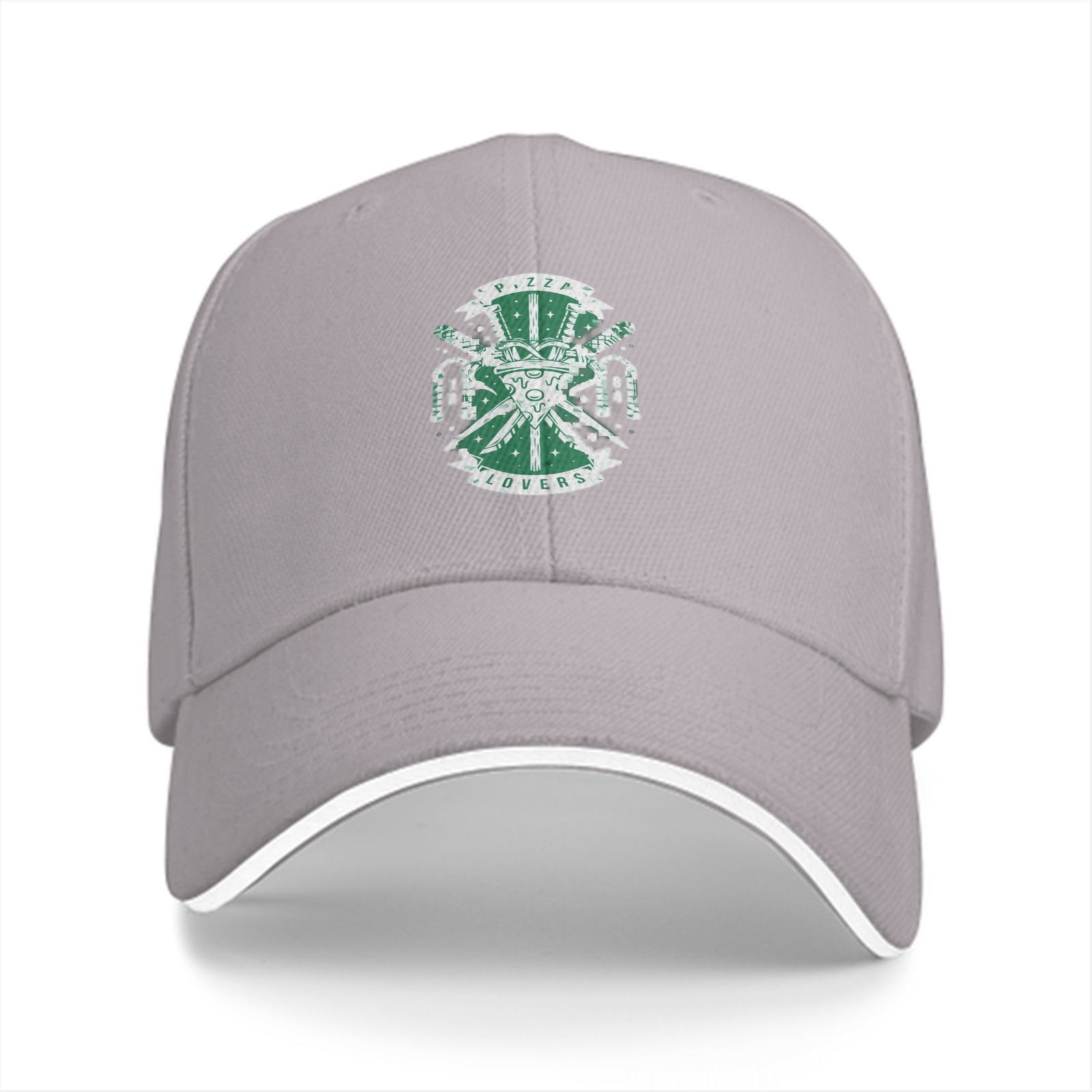Black baseball cap with pizza lovers themed graphic print