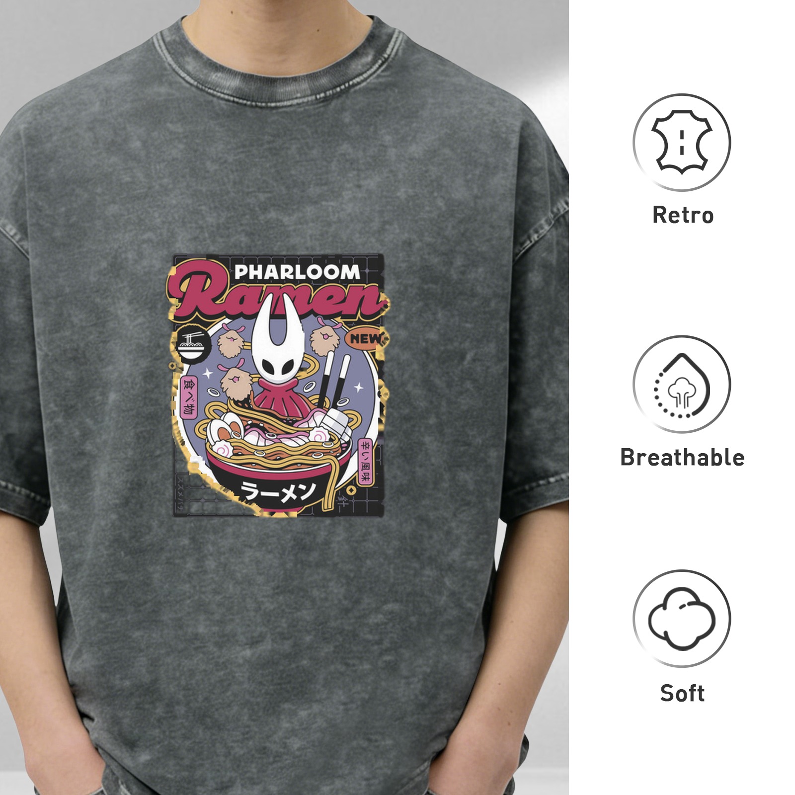 Oversized Acid Wash T-Shirt With Pharloom Ramen Graphic