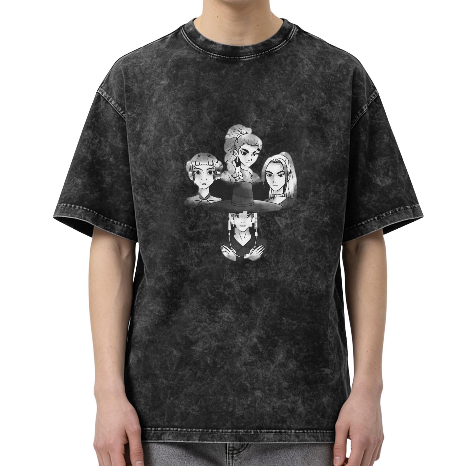 Washed black graphic t-shirt with anime character portraits