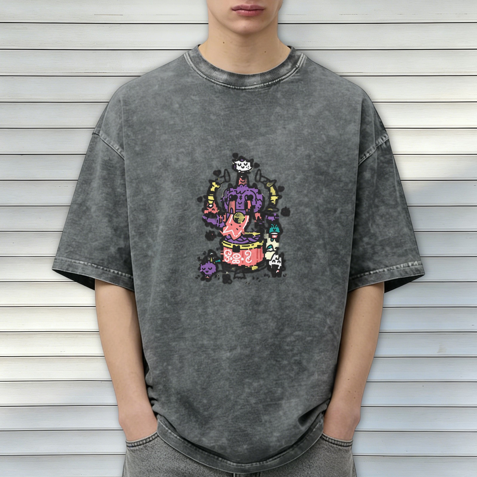 Oversized Acid Wash T-Shirt with Colorful Cartoon Graphic Print