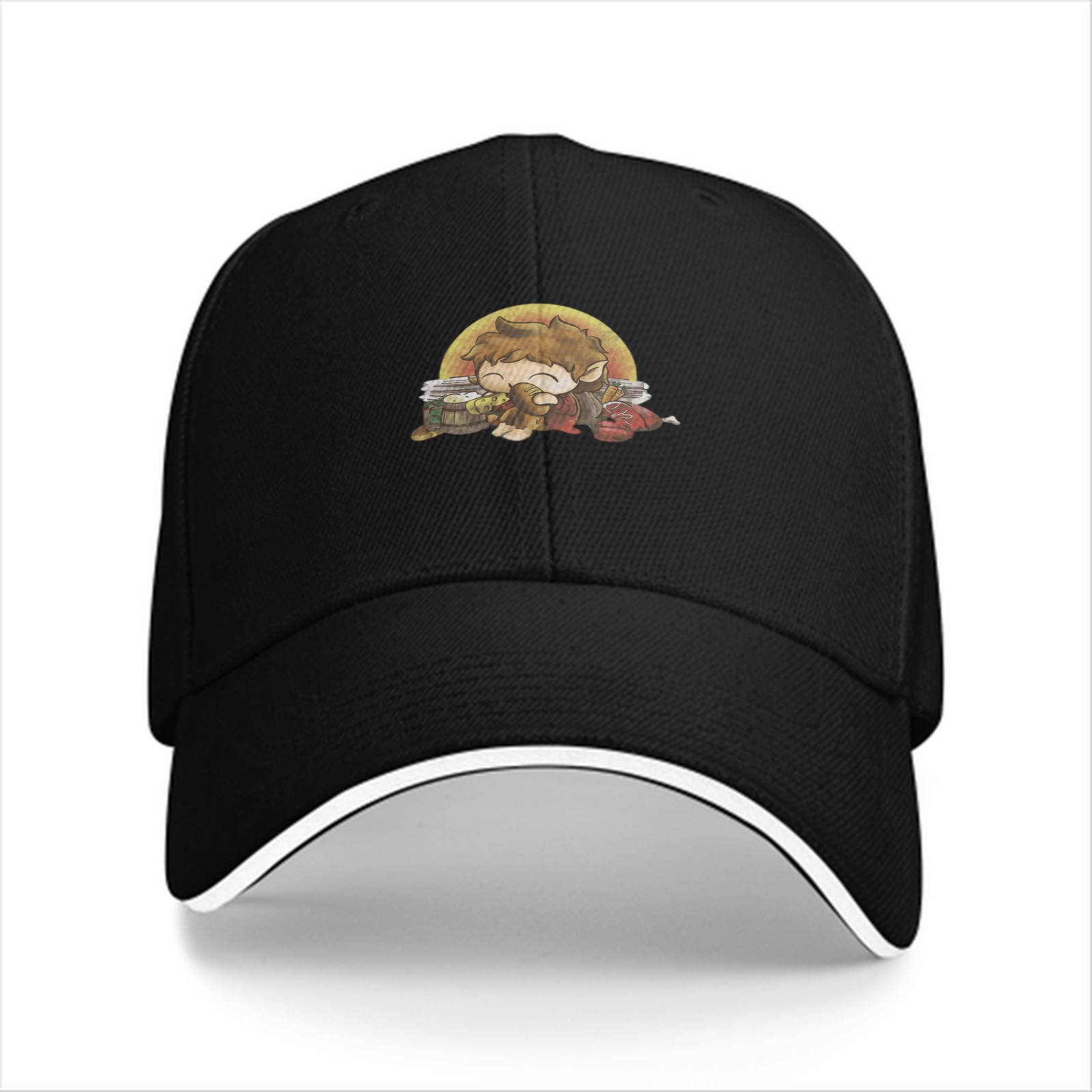 Black Baseball Cap With Chibi Hobbit Eating Design