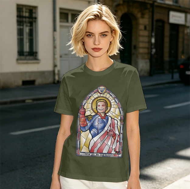 Olive T-Shirt With Homelander Stained Glass Style Print