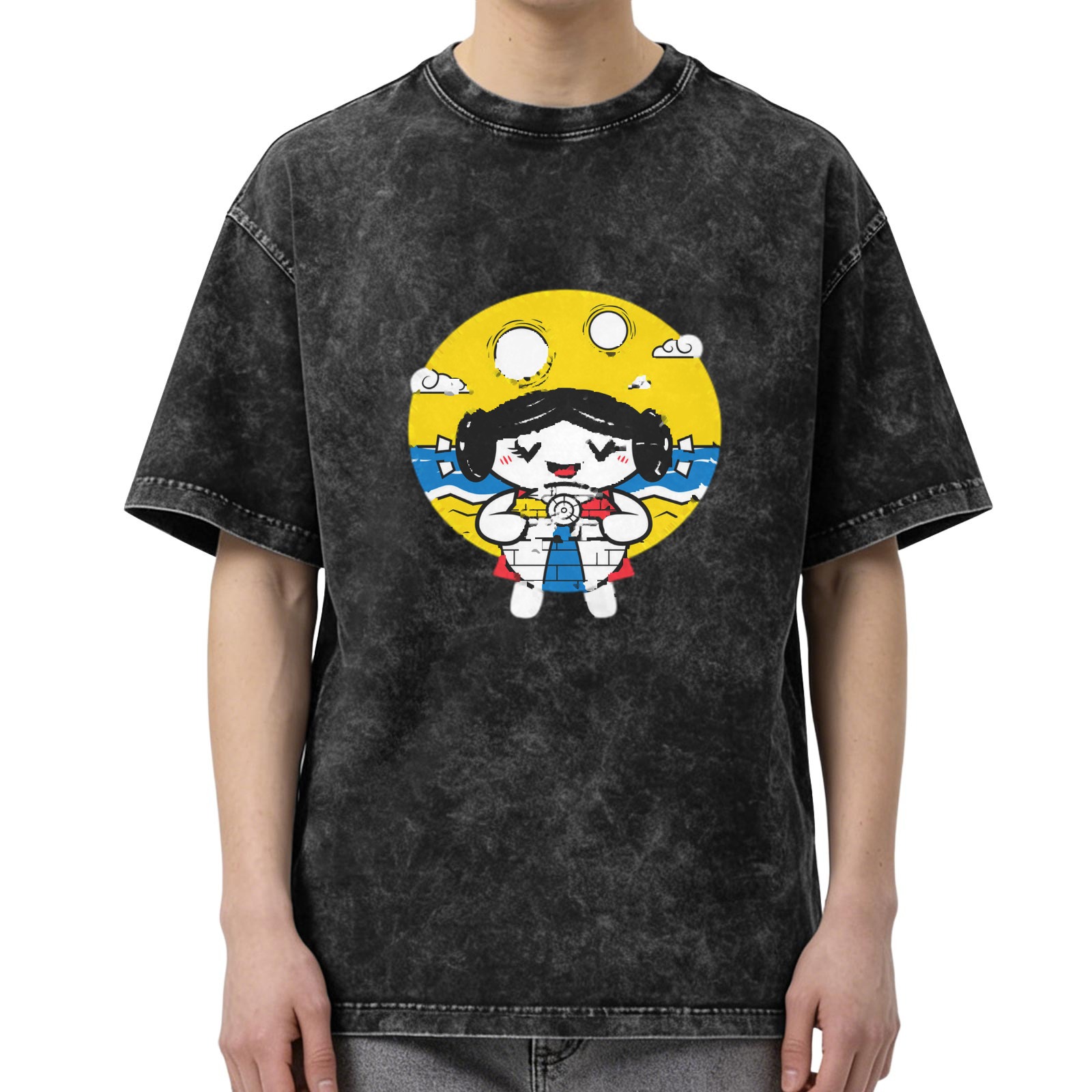 Washed Black T-Shirt With Cute Beach Girl Graphic Print