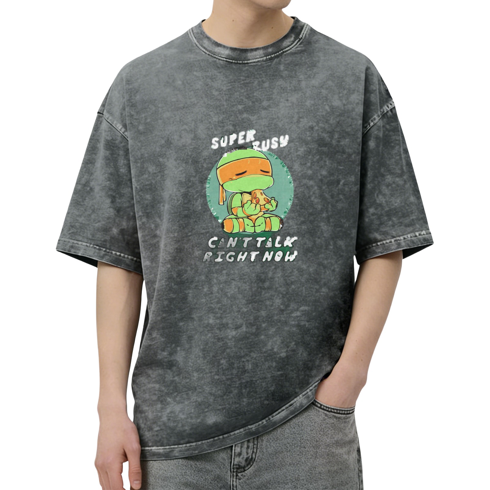 Distressed washed Teenage Mutant Ninja Turtles themed casual T-shirt Fun text printed loose short-sleeved top