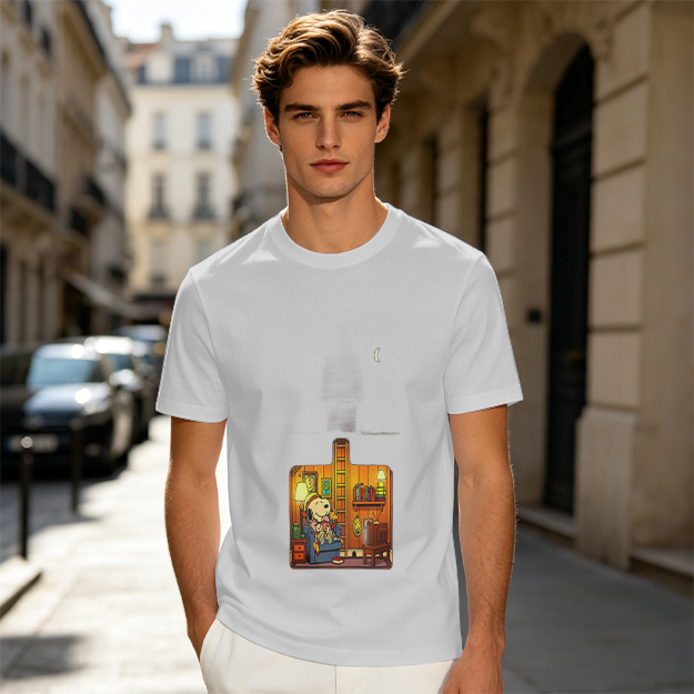 Olive T-Shirt With Cozy Dog In Room Graphic Print