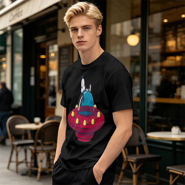 Olive T-Shirt Featuring Snoopy Relaxing in a Red UFO
