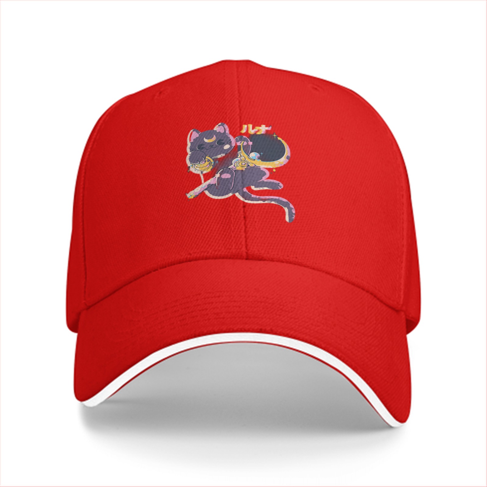 Black baseball cap with cute dark cat moon graphic