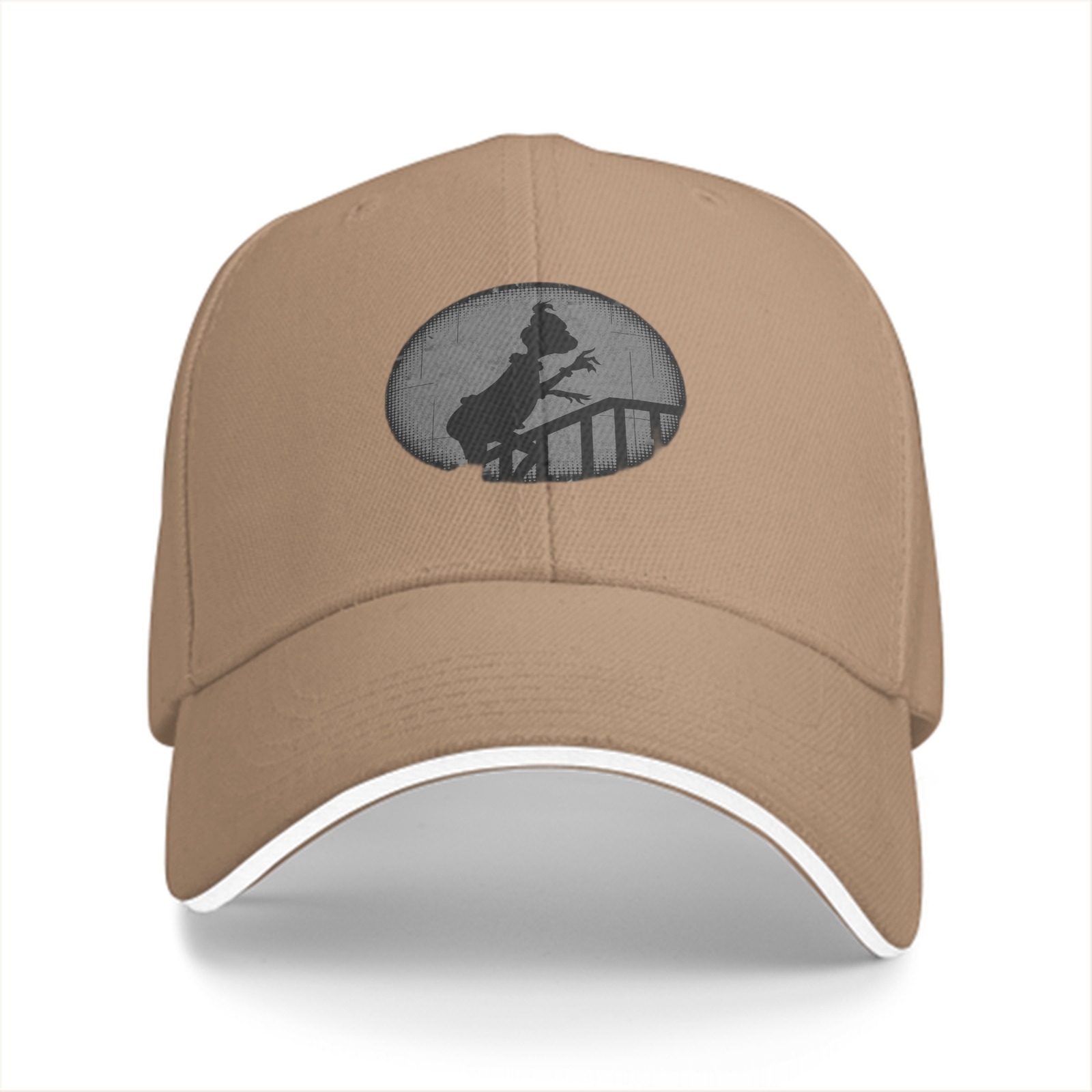 Black baseball cap with Grinch silhouette on staircase design